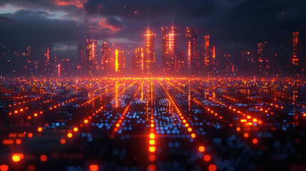 Abstract red digital grid landscape creating futuristic virtual environment