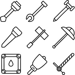 Line art tools and weapons icons set collection design