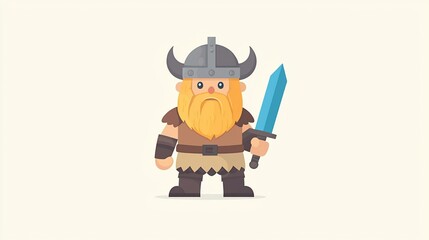 Fototapeta premium Cartoon Viking Standing, Plain Background