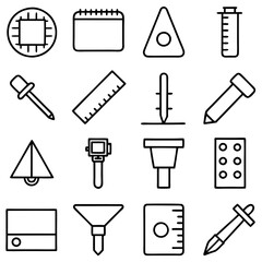 Outline icons featuring laboratory equipment and measuring tools