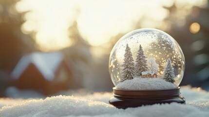 Winter Snow Globe Displaying Miniature Landscape with Trees and House in Snow on Snowy Surface Close Up Golden Hour
