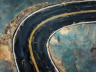 Aerial view of winding asphalt road with yellow and white lines in rural landscape nature photography