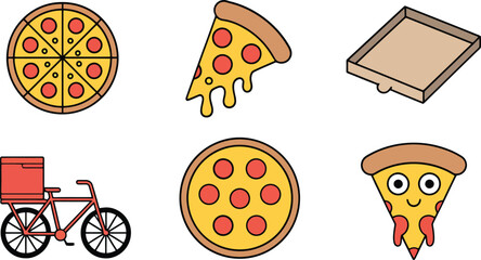 Fun illustrated pizza icons including full pizza slice and pizza delivery bicycle illustration