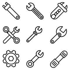 Collection of wrench and gear icons in outline style