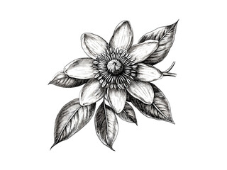 Passionflower hand-drawn engraving, vintage floral illustration, antique flower art, trendy nature print, black sketch, botanical design, passionflower decor, old engraving style, flower sketch
