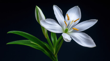 Fototapeta premium A stunning white autumn zephyr lily blossom elegantly blooms with a delicate bud and vibrant green foliage, against a captivating dark and contrasting backdrop.