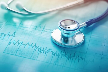 Close-up of medical stethoscope resting on EKG/ECG paper.  Stethoscope's head and tubing are in focus.  Background shows light-blue paper with wavy lines representing vital signs
