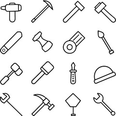Line art of tools and construction equipment icons