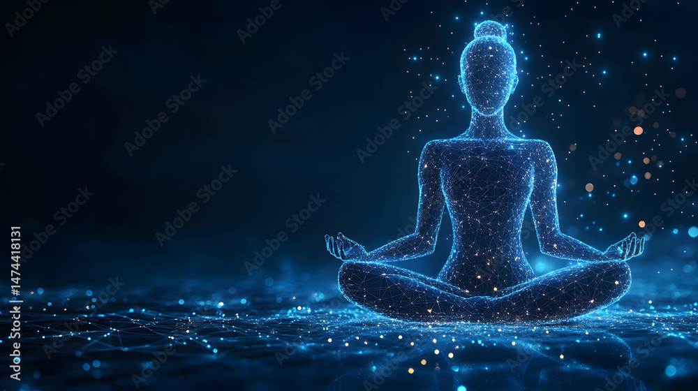 Aufkleber futuristic digital figure meditating in a cross-legged pose. glowing blue network creates a spiritua