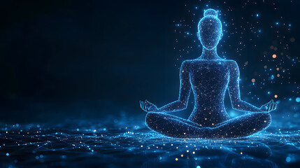 Obraz premium Futuristic digital figure meditating in a cross-legged pose. Glowing blue network creates a spiritual, ethereal feel. Serene wireframe conveys technology and peace. Abstract wireframe in dark blue