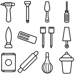 Line drawing of various crafting and cooking utensils