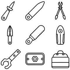 Fototapeta premium Outline icon set featuring assorted tools and hardware items