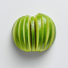 A sliced green apple with the pieces fanned out, showing its juicy and fresh interior, isolated on a white background