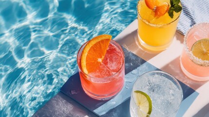Colorful cocktails rest on a poolside table, inviting guests to sip and unwind. The sunlight reflects off the water, enhancing the refreshing vibe of summer