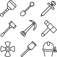 Outline icons showing medieval and construction style tools