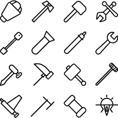 Collection of construction tools and equipment in outline style
