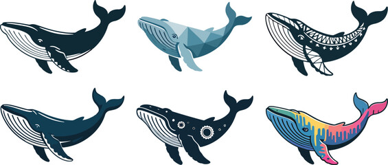 Six unique illustrations of whales displaying various design styles and colorful artistic concepts