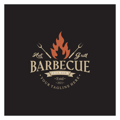 Simple Barbecue Vintage hot grill, with crossed flames and spatula. Logo for restaurant, badge, cafe and bar.vector