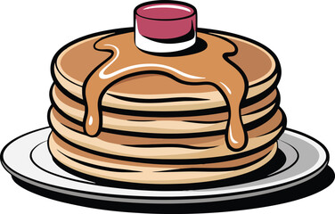 Stack of delicious pancakes with syrup and butter on a white plate breakfast food