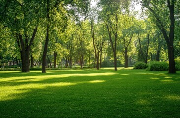 Obraz premium Beautiful blurred background of a natural spring green park with trees and grass on a sunny day. Abstract bokeh summer.