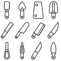 Outline drawing of assorted gardening and cooking utensils tools