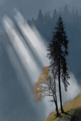 Misty with sun rays autumn trees
