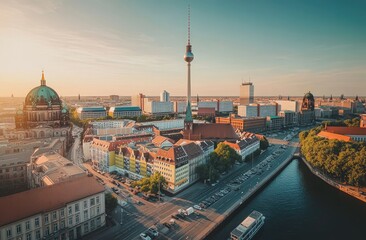 Obraz premium Panoramic cityscape at sunrise, showcasing historical architecture, modern structures, and a tranquil river, with a blend of buildings and transportation networks