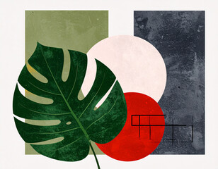 Collage with bright geometric shapes and tropical leaf, retro vintage wallpaper