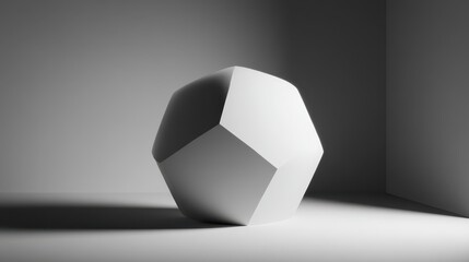 A single geometric shape sits prominently in a minimalist studio, beautifully illuminated by natural light. Shadows play on the smooth surface, enhancing its edges and form