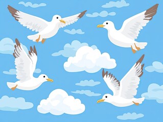 Fototapeta premium Cartoon vector-style cloud set on a blue background, with white clouds of various shapes and sizes. Flat design, simple illustration, minimalistic, with simple colors.