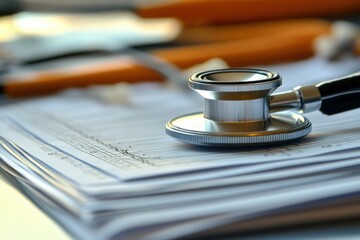 Medical documents and stethoscope resting on top of a stack of papers.  Close-up view of a stethoscope positioned over medical charts