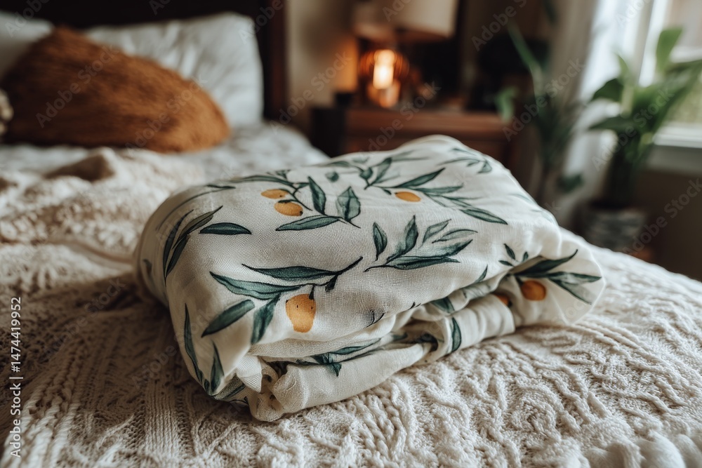 Aufkleber soft fabric blanket with floral pattern folded and placed on a cozy bedroom bed in the afternoon lig