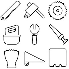 Hand tools line art icons on a white background