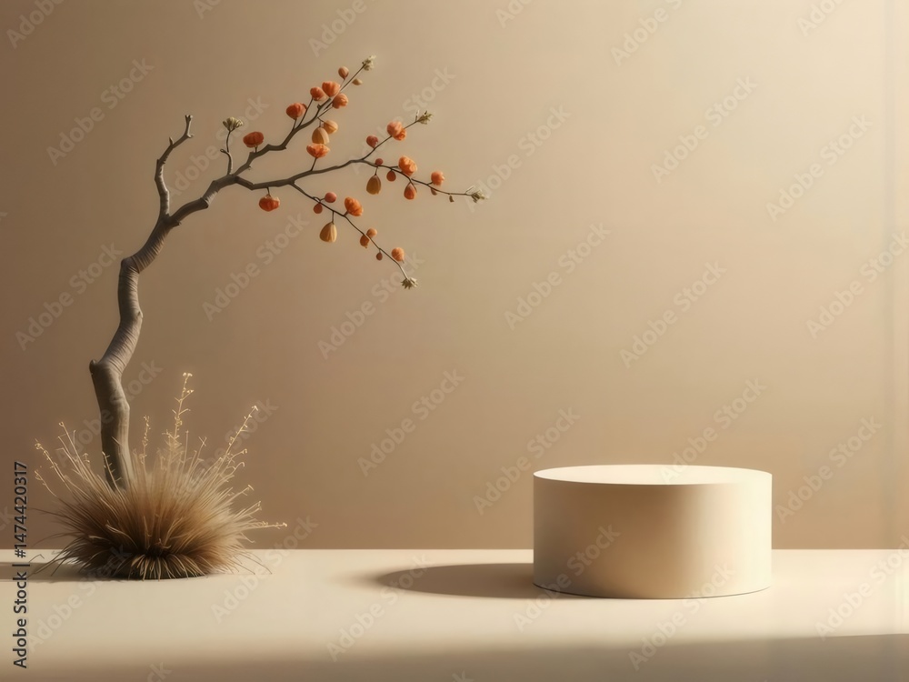 Aufkleber ミニマルなベージュの背景にオレンジ色の花が付いた枝と円柱形ステージの静物製品プレゼンテーション