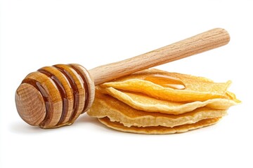 Stack of Pancakes Drizzled with Honey using Wooden Dipper on White Background Food Photography Close Up Still Life