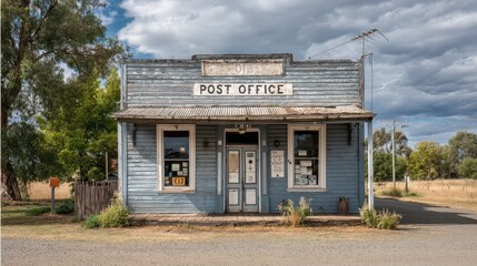 This rural post office stands as a vital connection for residents, showcasing a weathered charm typical of small-town service. Its welcoming facade and surrounding greenery reflect local life