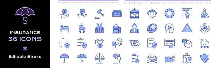 Insurance Line Icons Set Design Collection - Editable Vector Stroke Color.