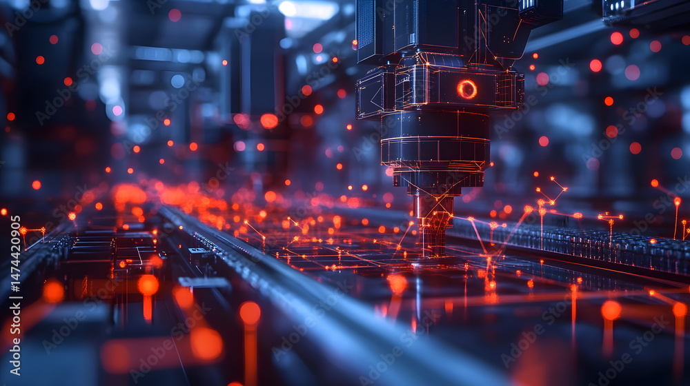 Poster futuristic 3d printer with glowing orange accents & red bokeh background. intricate machinery create