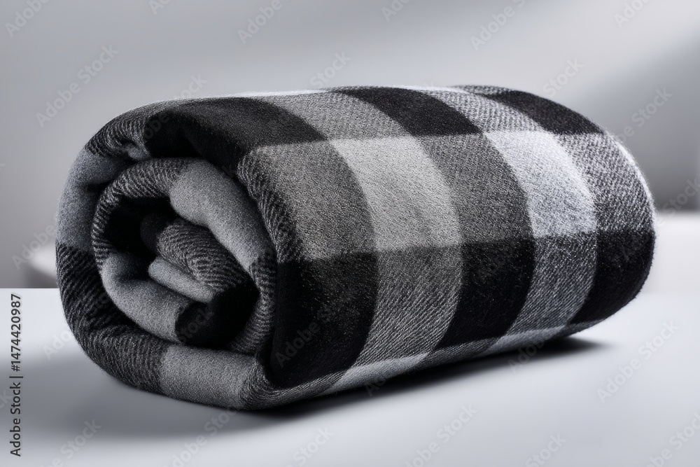 Poster Cozy woolen blanket rolled up on a table with a soft light background perfect for chilly evenings