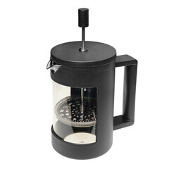 Mechanical coffee press pot isolated on transparent background. French press coffee maker 