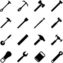 Hand tool assortment: black silhouettes on white background. Tools collection
