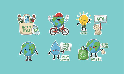 Eco-Friendly Earth Illustrations Set featuring the Earth in various activities and with symbols related to green living and environmental conservation.