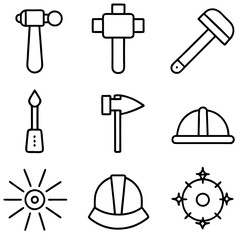Assorted construction tools and equipment icons line drawing