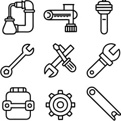 Outlined engineering and construction tools in a grid arrangement