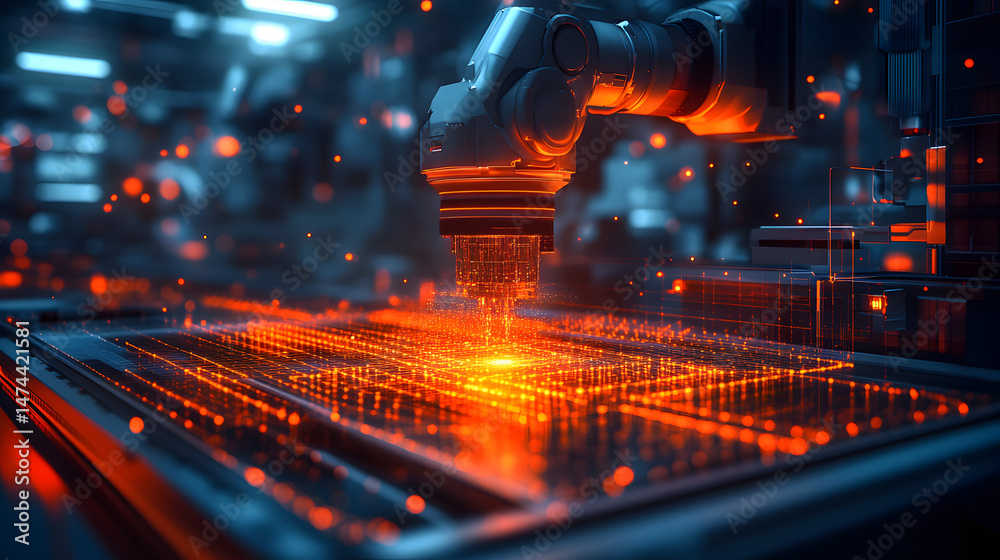 Aufkleber Futuristic industrial scene featuring a robotic arm with an illuminated grid. Advanced technology, automation, and precision are key. Abstract wireframe in dark blue.