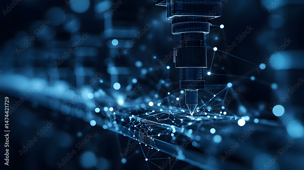 Fototapete Abstract wireframe structure in dark blue, featuring a sharp pointed element and network mesh against a bokeh background. Evokes technology and digital concepts. Modern aesthetic.