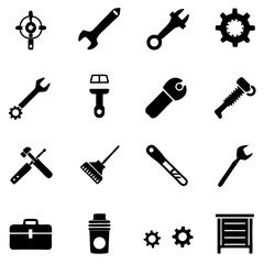 Variety of black and white tools and equipment icons