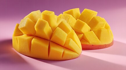 Freshly diced mango halves on a pink surface