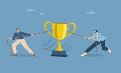 Businessmen pulling ropes competing to win a trophy, Competition for success or prize, Business competition or conflict, Fighting for trophies and success. Flat vector design illustration.