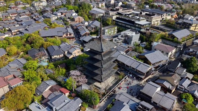 Aerial drone view of the Yasaka Pagoda temple in daylight, Kyoto, Japan